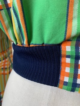 MODERN JUNIORS, Lime Green, Orange, Yellow, Navy Blue, White, Poly/Cotton, Plaid, Cropped Jacket, Zip Front, Collar Attached, Navy Rib Knit Waistband,