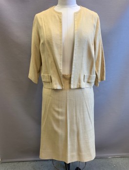 FOREVER YOUNG, Beige, Linen, Solid, Jacket, 3/4 Sleeves, Open Front with No Closures, Round Neck, 2 Faux Pocket Flaps at Hips,