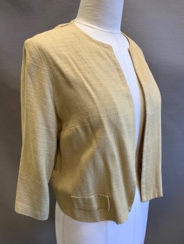 FOREVER YOUNG, Beige, Linen, Solid, Jacket, 3/4 Sleeves, Open Front with No Closures, Round Neck, 2 Faux Pocket Flaps at Hips,