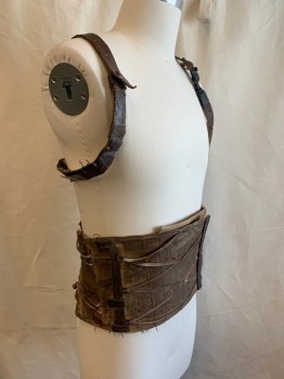 N/L MTO, Brown, Cotton, Leather, Waist Cincher with Attached Panel Up Back, Leather Straps That Go Around Arms, Lacing at Sides of Waist, Very Aged