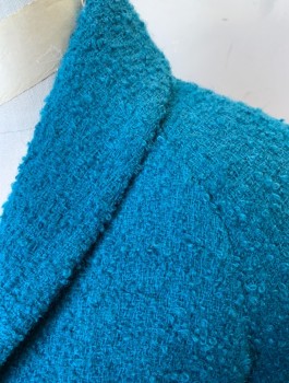 N/L, Turquoise Blue, Wool, Solid, Jacket, Boucle Textured Wool, 3/4 Sleeves, Short Waisted, Shawl Lapel, Open Front with No Closures, Lining is Blue and Green Floral Silk,