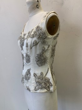 NO LABEL, Ivory White, Silver, Silk, Floral, Dress Top, Sleeveless, Scoop Neck, Heavily Beaded, Back Zipper,