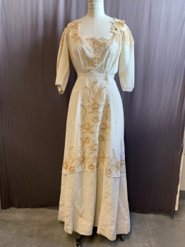 MTO, Antique White, Brown, Off White, Linen, Solid, Brown/Cream Floral Embroidery Appliqué, Square Neck, Pin Tuck Pleats at Shoulder, Pleat Upwards From Waistband, Off Center Hook & Eyes, Short Sleeves, Tiered Skirt, *Holes in Both Shoulders, Some Discolored Spots, Mended Hole Near Hem*
