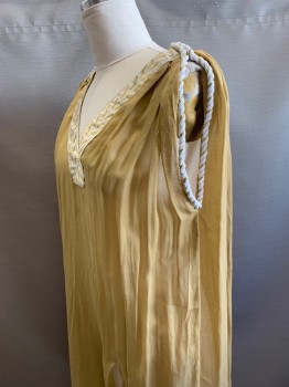 N/L MTO, Tan Brown, Cotton, Solid, Sheer, Cream and Gold Metallic Trim at V-Neck, Sleeveless, Cream and Gold Rope Detail at Arm Openings, Mid Calf Length, Slit at Hem, Made To Order
