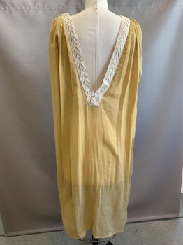 N/L MTO, Tan Brown, Cotton, Solid, Sheer, Cream and Gold Metallic Trim at V-Neck, Sleeveless, Cream and Gold Rope Detail at Arm Openings, Mid Calf Length, Slit at Hem, Made To Order
