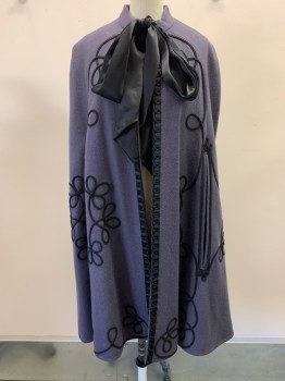 TEMPERLEY, Mauve Purple, Black, Wool, Silk, Swirl , Hook Closure, Satin Ribbon Tie, Grosgrain At Center Front, Braided Cording Applique