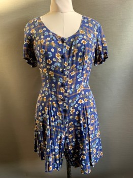 JAMIE BROOKE, Navy Blue, White, Brown, Green, Blue, Rayon, Floral, S/S, Scoop Neck, Button Front, Pleated Waist, Ties At Back Waist