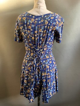 JAMIE BROOKE, Navy Blue, White, Brown, Green, Blue, Rayon, Floral, S/S, Scoop Neck, Button Front, Pleated Waist, Ties At Back Waist
