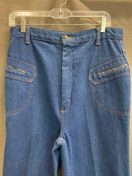 KMART, Denim Blue, Cotton, High Waist, 2 Zip Pockets, Zip Front, Orange Stitching, Bell Bottoms