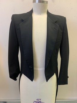PIERRE CARDIN, Black, Wool, Solid, Tailcoat, Open Front, Satin Collar, Notched Lapel, Chest Pocket,