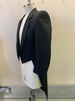 PIERRE CARDIN, Black, Wool, Solid, Tailcoat, Open Front, Satin Collar, Notched Lapel, Chest Pocket,