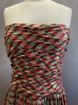 ADELE SIMPSON, Red, Gold, Green, Polyester, Plaid-  Windowpane, Strapless, Wrinkled Chest, Pleated, Side Zipper,