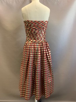 ADELE SIMPSON, Red, Gold, Green, Polyester, Plaid-  Windowpane, Strapless, Wrinkled Chest, Pleated, Side Zipper,