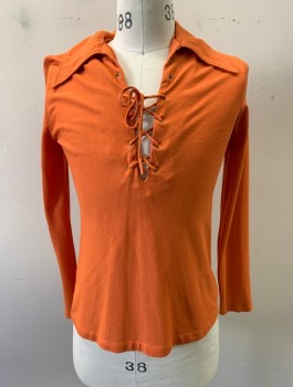 N/L, Orange, Polyester, Solid, Rib Knit Jersey, Pullover, L/S, Plunging V-Neck with Lace Up Detail, Dagger Collar