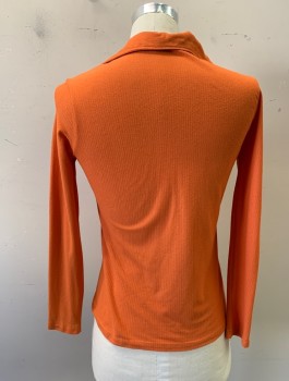 N/L, Orange, Polyester, Solid, Rib Knit Jersey, Pullover, L/S, Plunging V-Neck with Lace Up Detail, Dagger Collar