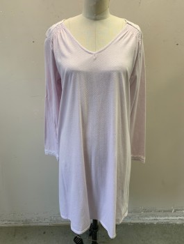 LAURA SCOTT, Lavender Purple, White, Poly/Cotton, Dots, Very Pale Lavender, Jersey, Long Sleeves, V-neck, White Lace and Satin Ribbon Trim at Cuffs and Shoulders, Smocked Detail at Shoulders, Knee Length