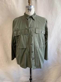 AT THE FRONT , Olive Green, Cotton, Herringbone, "Herringbone Twill"  Jacket, C.A., Button Front, 2 Pockets, *Faded
