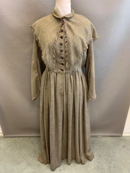 NL, Brown, Beige, Wool, Tweed, Removable Capelet, Jewel Neckline, 1/2 Button Front, Gathered at Waist, L/S,  Pleated Over Bust, Pleated Skirt,