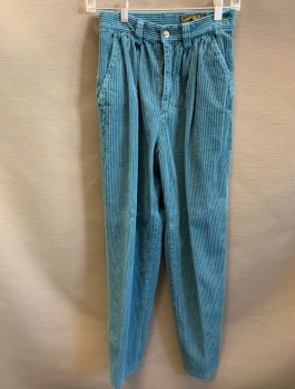 EDDIE BAUER, Teal Blue, Cotton, Solid, Wide Wale Corduroy, High Waist, Gathered Front Waist, Tapered Leg, Zip Fly, Belt Loops, 3 Pockets