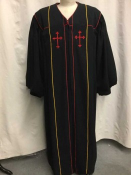 P CHOIR ROBES INC, Black, Gold, Red, Polyester, Novelty Pattern, Clerical Clergy Robe, Pastor, Minister, Red Embroidered  Latin Cross, Gold & Red Rope Piping Trim,Snaps Front,