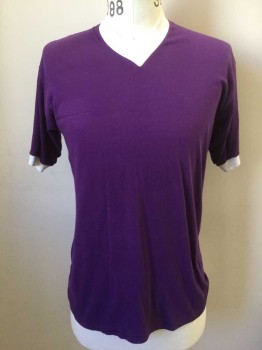 SPORTSWEAR, Purple, White, Polyester, Cotton, Solid, V-neck, Short Sleeves, White Rib Knit Trims