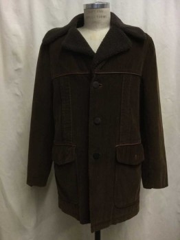 FINX, Chocolate Brown, Cotton, Synthetic, Solid, Chocolate Brown Corduroy, Faux Shearling Lined, Notched Lapel, Collar Attached, 3 Buttons,  2 Flap Pockets, Leather Piping Trim