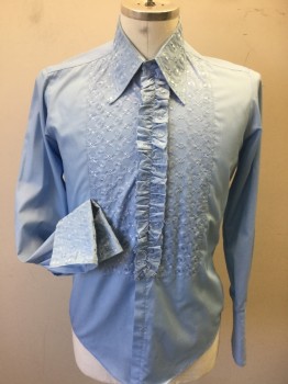 AFTER SIX, Lt Blue, Poly/Cotton, Geometric, Long Sleeves, Button Front, French Cuffs,  Ruffle Font with Geometric Embroidery, Shoulder Rust Stain See Photo Attached,