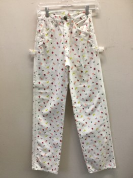 DEE CEE, White, Multi-color, Cotton, Novelty Pattern, Painters Pant with Cute Fruit Print