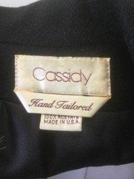 CASSIDY, Black, Wool, Solid, Double Breasted, Wide Low Slung Notched Lapel, 2 Hip Pockets, Below Knee Length,