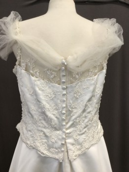 NL, Antique White, Polyester, Nylon, Solid, Floral, Satin A-line , Faux Top and Skirt, One Piece, Spaghetti Straps with Beading and Sequins, Tulle Cap-sleeves Running Along Back, Bodice Has Lace with Beading and Sequin Floral Applique, Solid Skirt, Train with Pleated Detail at Bottom and Floral Applique