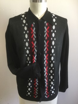 VAN CORT, Black, Red, Lt Gray, Beige, Acrylic, Geometric, Solid, Button Front, Long Sleeves, Collar Attached, Arrows and Circles Down Center Front, Solid Back, Knit, Modeled on a 42 Dress Form