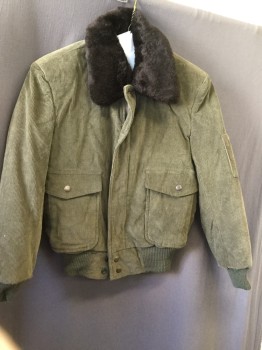 SPORTSWEAR, Brown, Olive Green, Cotton, Solid, Corduroy, Zip Front, Faux Fur Collar, Flap Snap Pockets, Black Quilted Lining