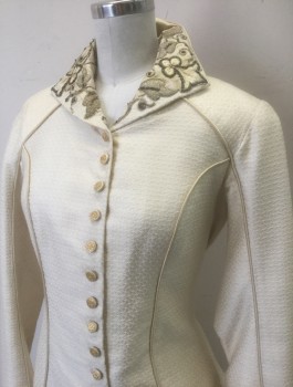 N/L MTO, Cream, Beige, Gray, Cotton, Silk, Solid, Geometric Textured Material, Beige/Gray Floral Appliqués on Collar, Satin Piping, Small Fabric Buttons with Gold Filigree Detail, Pleated Vent with Train in Back, Late 1800's Made To Order Reproduction