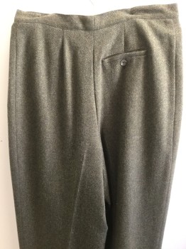 N/L, Olive Green, Black, Wool, Tweed, Double Pleats, Button Tab, 2 Side Pockets, 1 Back Pocket, Fully Lined