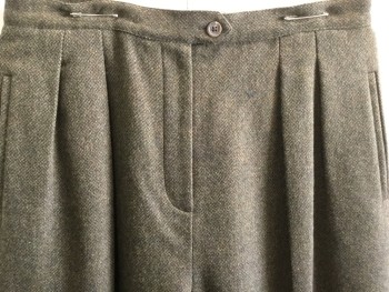 N/L, Olive Green, Black, Wool, Tweed, Double Pleats, Button Tab, 2 Side Pockets, 1 Back Pocket, Fully Lined