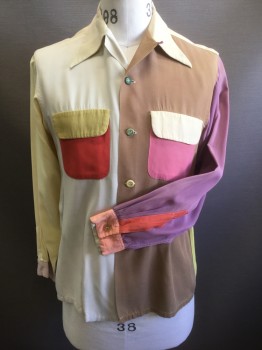 KNOCKAROUND, Multi-color, Lt Brown, Lavender Purple, Ecru, Butter Yellow, Rayon, Color Blocking, Solid, Long Sleeve Button Front, Collar Attached, 2 Pockets with Flap Closures,