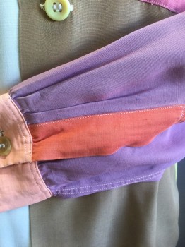 KNOCKAROUND, Multi-color, Lt Brown, Lavender Purple, Ecru, Butter Yellow, Rayon, Color Blocking, Solid, Long Sleeve Button Front, Collar Attached, 2 Pockets with Flap Closures,