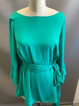 A PEA IN THE POD, Green, Polyester, Solid, Scoop  Neck, with Ruffle Sleeves & Tie Belt, Maternity