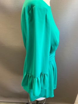 A PEA IN THE POD, Green, Polyester, Solid, Scoop  Neck, with Ruffle Sleeves & Tie Belt, Maternity