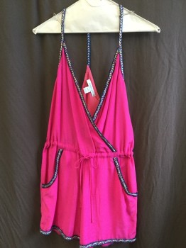 CHARLIE JADE, Hot Pink, Blue, Yellow, Pink, Peach Orange, Silk, Solid, Blue/yellow/pink/peach Orange Braid Trim and Straps, Overlap V-neck, Halter, 2 Pockets, D-string Waist, Solid Mute Pink Lining