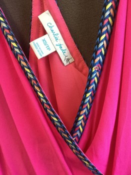 CHARLIE JADE, Hot Pink, Blue, Yellow, Pink, Peach Orange, Silk, Solid, Blue/yellow/pink/peach Orange Braid Trim and Straps, Overlap V-neck, Halter, 2 Pockets, D-string Waist, Solid Mute Pink Lining