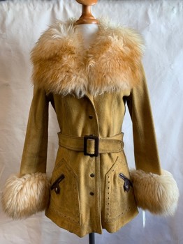 THE TANNERY, Brown, Suede, Faux Fur, Solid, Snap Button Front, 2 Pockets with Snap Closure, Dark Brown Trim and Small Diamond Cutout Detail, Faux Fur Collar Attached & Sleeve Cuffs,