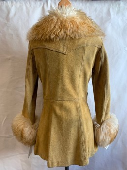 THE TANNERY, Brown, Suede, Faux Fur, Solid, Snap Button Front, 2 Pockets with Snap Closure, Dark Brown Trim and Small Diamond Cutout Detail, Faux Fur Collar Attached & Sleeve Cuffs,