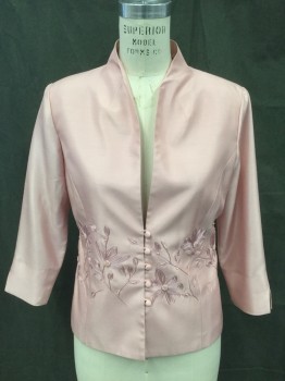 JESSICA HOWARD, Lt Pink, Polyester, Solid, Single Breasted Jacket, Fabric Covered Buttons with Loops Front, Self Floral Embroidery Waist Front with Lt Pink Pearl Beading, High Neck, 3/4 Sleeve with Slit **small Brown Dot on Back**