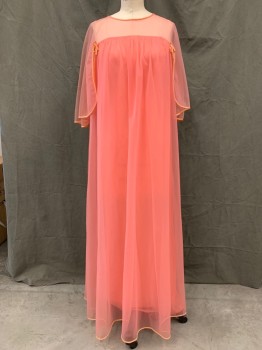 N/L, Coral Pink, Polyester, Solid, Sheer Top, Sheer Flutter Sleeve, Silk Piping, Sheer Overlay Gathered at Yoke, Two Ties at Yoke, Zip Back with Faux Tie Keyhole, Floor Length Hem,  *Hole Near Hem, Hole at Neck*