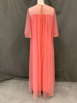 N/L, Coral Pink, Polyester, Solid, Sheer Top, Sheer Flutter Sleeve, Silk Piping, Sheer Overlay Gathered at Yoke, Two Ties at Yoke, Zip Back with Faux Tie Keyhole, Floor Length Hem,  *Hole Near Hem, Hole at Neck*