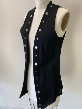 EGO, Black, Silver, Polyester, Metallic/Metal, Solid, Knit, Open at Center Front with No Closures, Silver Circular Metal Studs at Front Opening, Late 1960's