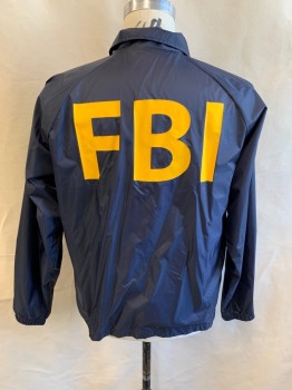 AUGUSTA, Navy Blue, Nylon, Polyester, FBI Windbreaker, Collar Attached, Snap Front, Long Sleeves, "FBI" Silk-screened on Chest and Back