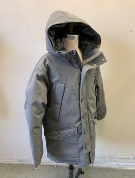GAP KIDS, Gray, Poly/Cotton, Solid, Boys, Zip and Button Front, Hooded with Gray Plush Lining, Olive Quilted Nylon Lining, 4 Pockets