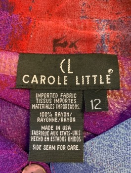 CAROLE LITTLE, Purple, Turquoise Blue, Red, Magenta Pink, Rayon, Abstract , Sheer Chiffon, Long Sleeves, Button Front, Collar Attached, Oversized